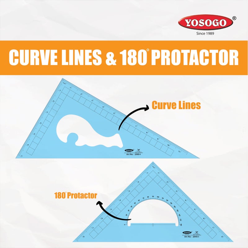 Yosogo Pack of 2 Large Transparent Triangle Ruler Set Square: 12 Inch- 30/60 Degree & 9 inch 45/90 Degree | Essential for School and Work use (Inch Scale) - Image 3